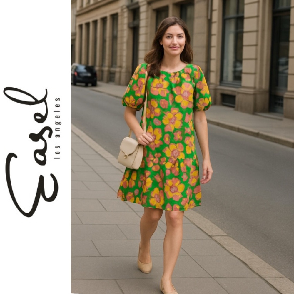 EASEL Bright Retro Floral Puff Sleeve Mini Shift Dress Green Multicolor Sz Small